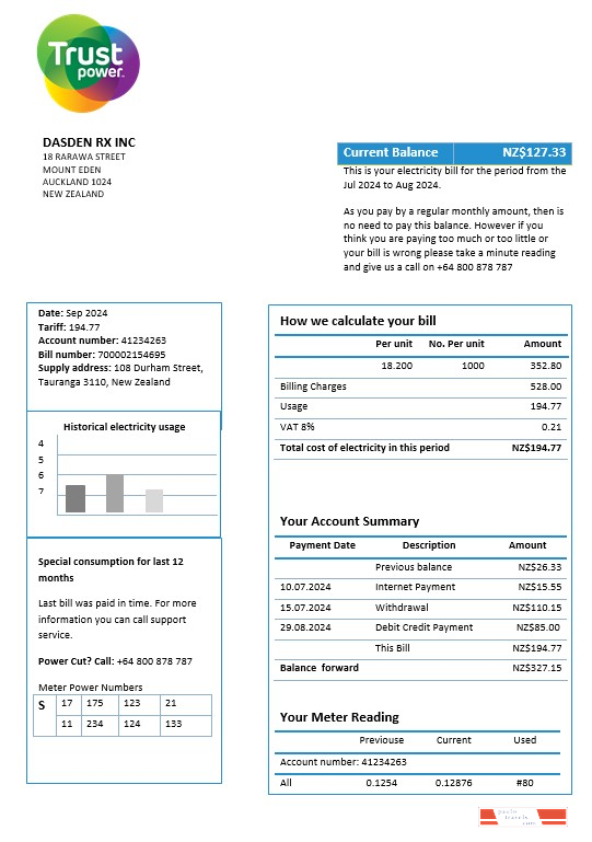 New Zealand Trustpower business utility bill template in Word and PDF formats